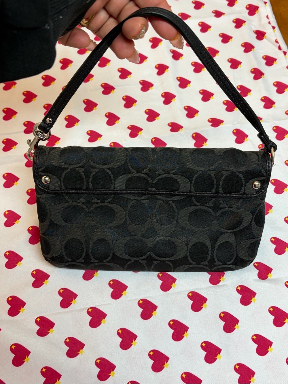 Coach Kristen Black Signature Canvas Shoulder mini baguette Silver Hardware - Picture 2 of 4